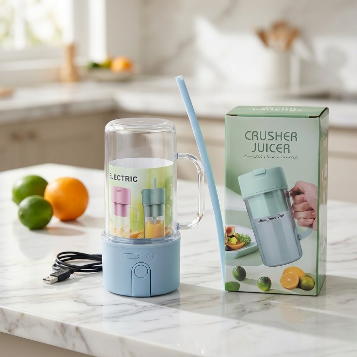 Portable Mini Crusher Juicer – USB Rechargeable Electric Juice Cup with Straw & Handle for Fresh Shakes and Smoothies